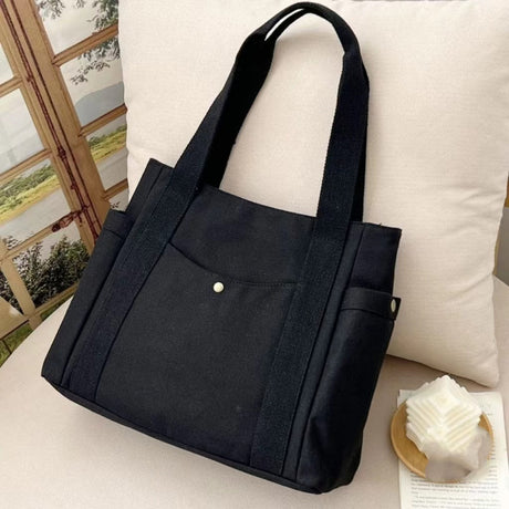 Canvas Tote Bag for Work Travel College Student Book Bag Large Capacity Shoulder Bag Black