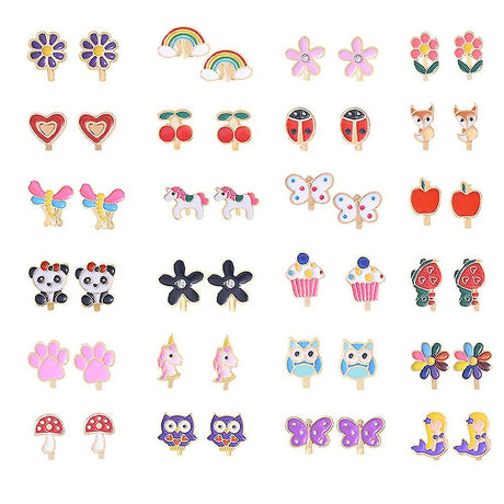 Girls Clip-on Earrings 24 Pairs Cute Flower Metal Earrings Princess Dress Up Jewelry