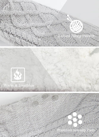 Women Knitted Slipper Socks Cozy Sherpa Fuzzy Non Slip Winter Indoor Double Layer Bedroom Grey Medium Wide
