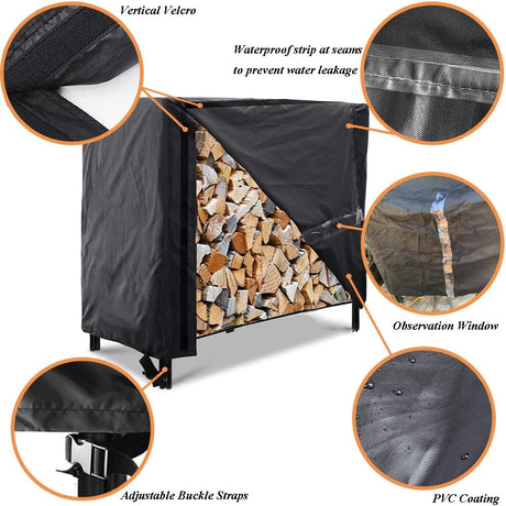 Firewood Log Rack Cover 4ft / 8ft Heavy Duty Waterproof Wood Pile Outdoor Patio Garden Fireplace Holder Fire Storage Covers (4FT: 48