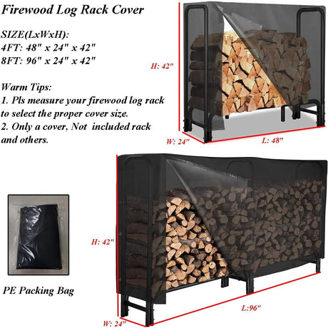 Firewood Log Rack Cover 4ft / 8ft Heavy Duty Waterproof Wood Pile Outdoor Patio Garden Fireplace Holder Fire Storage Covers (4FT: 48