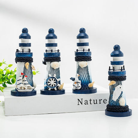 Wooden Lighthouse Decor 10cm Nautical Ornament with Seabird Marine Decoration in Mediterranean Style