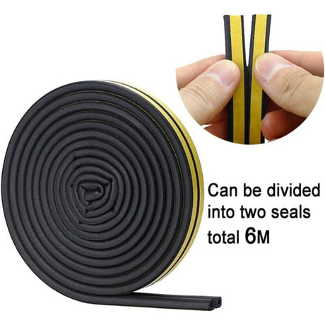 Black D-profile Weather Strip Seal 6M for Door Window Soundproof Weatherproof Strong Adhesion