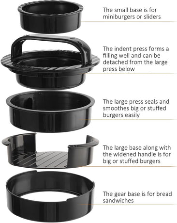 3-in-1 Hamburger and Hamburger Press - Hamburger Mold - Non-stick, Durable Patty Maker for Stuffed Burgers and Sliders - Easy to Clean - Black