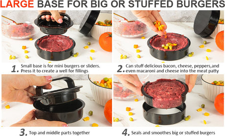 3-in-1 Hamburger and Hamburger Press - Hamburger Mold - Non-stick, Durable Patty Maker for Stuffed Burgers and Sliders - Easy to Clean - Black