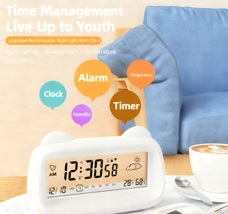 Alarm Clock - Digital Alarm Clock - Digital Clock - Smart Alarm Clock - Electronic Calendar - Cat-shaped Alarm Clock with Light - Real-time Temperature and Humidity Monitoring - Weather Display - Large Night Light Screen - USB Charging（White）