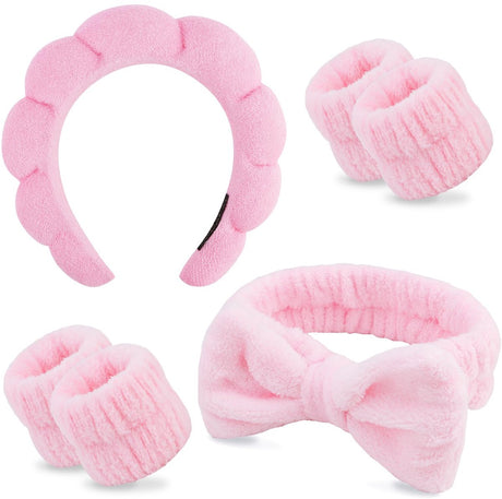 Winter Headband for Women - Set of 4 - Pink Makeup Headband and Wristband Set - Suitable for Facial Cleansing and Skin Care - Christmas Gift - Birthday Gift, Gift for Girls
