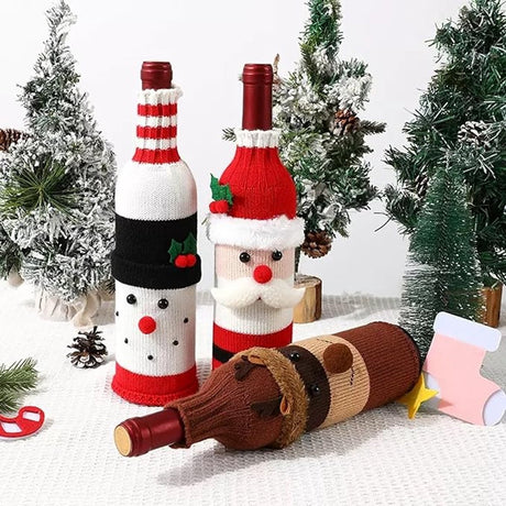 Wine Bottle Cover - Christmas Wine Bottle Cover - Hand-Knitted Cartoon Decorated Bottle Cover - Christmas Gifts for Adults - Perfect for Holiday Party Decorations (3-Piece Set)