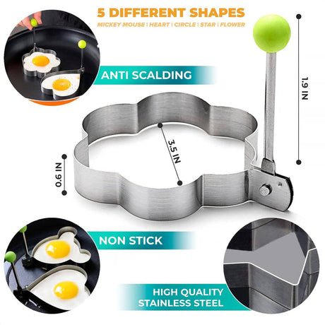 Stainless Steel Egg Baking Mold - 5 Pieces - Egg Baking Mold - Kitchen Utensils - DIY Model Egg Baking Mold - 5 Piece Creative Breakfast Set - Circle, Heart, Flower, Five-Pointed Star and Mickey Mouse Shapes
