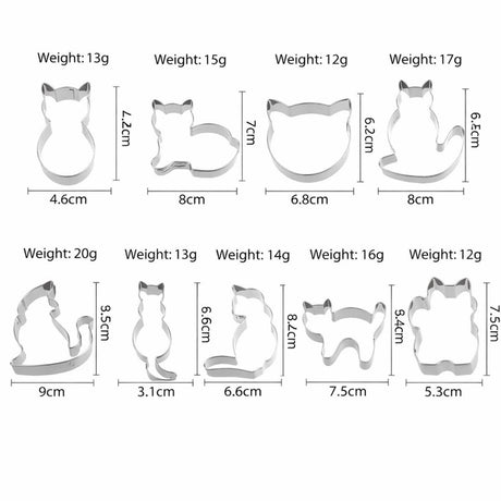 Cookie Cutters Cat - 9 Piece Set - Stainless Steel Baking Cup Set - Cat Shaped Cookie Cutters and Baking Tools - Enjoy cooking with your kids.