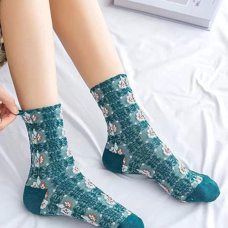 5 pairs of cotton socks for women - retro floral pattern - warm socks - lounge socks - autumn and winter socks - socks with 3D relief design