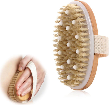 Bath Brush - Body Brush - Natural Bristles - Massage Brush - Shower Brush - Exfoliating Brush - Sauna Brush - Improves Blood Circulation - Lymphatic Function - Removes Dead Skin Cells