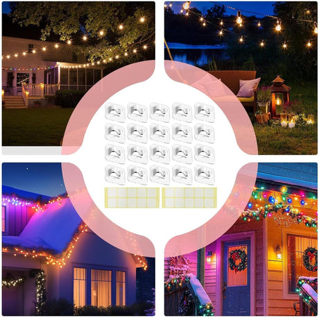 Hooks - Mini Light Clips | Self-Adhesive Lighting Hooks - Cable Holder Organizer - Set of 20 Hooks incl. Adhesive Strip