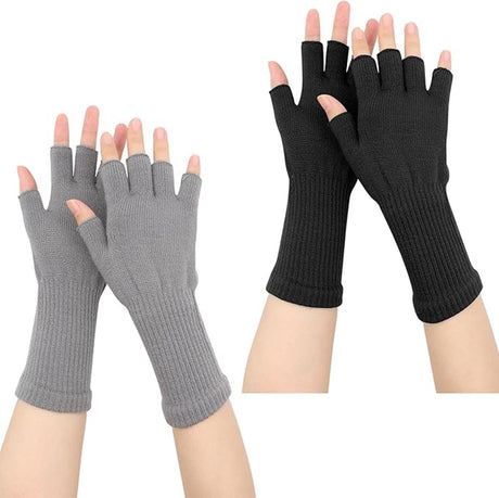 2 pairs of fingerless gloves - plain gloves for fall and winter - warm gloves with half fingers - long knitted - fingerless gloves - one size fits all - wristbands - black and gray