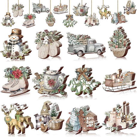 Christmas tree decorations (12 pieces) - Indoor Christmas decorations - Wooden Christmas tree decorations - Snowman - Sleigh - Reindeer set - Christmas decorations - Christmas decorations - Style A