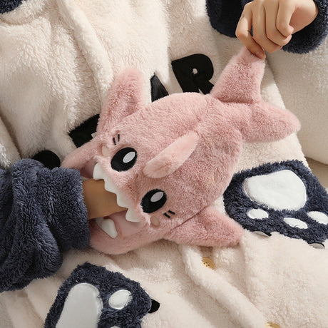Hot Water Bottle - 1L Capacity - Hot Water Bottle with Cover - Plush Hot Water Bottle - Cute Shark Design - Keeps Water Hot for Up to 6 Hours - A Great Gift for Family and Friends - Pink