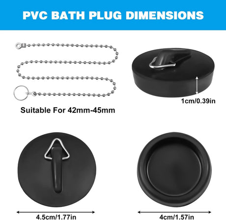 2-Pack Drain Plug - Sink Plug - Bath Plug for Home - Universal Plug Set - Diameter 42-45 mm - For Sinks - Kitchen Sink Plug Chain - Black