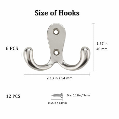 Double Hook - Chrome Double Coated Hook - Clothes - Bathrobe - Towel - Bathroom Bedroom Door Wall 6 Pieces