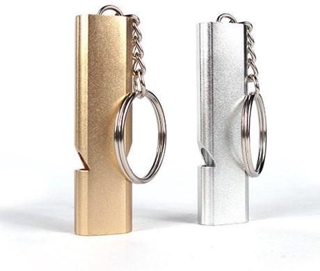 Whistles - Emergency Survival Whistles - Set of 2 - Extra Loud Aluminum Whistles for Outdoor Use - Slim Double-Barrel Rescue Whistles - Suitable for Swim Training, Camping, Hiking, Hunting, Boating and Other Activities (Gold + Silver)