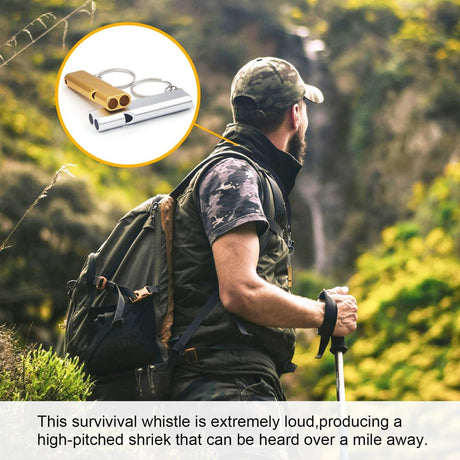 Whistles - Emergency Survival Whistles - Set of 2 - Extra Loud Aluminum Whistles for Outdoor Use - Slim Double-Barrel Rescue Whistles - Suitable for Swim Training, Camping, Hiking, Hunting, Boating and Other Activities (Gold + Silver)