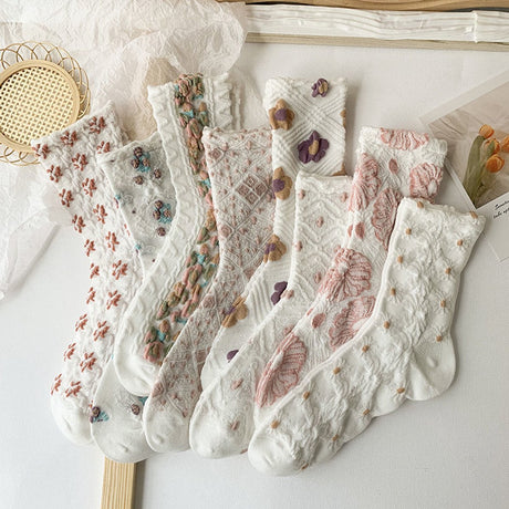 8 pairs of socks - retro women's socks - versatile mid-calf - 3D relief art fresh - women's stockings