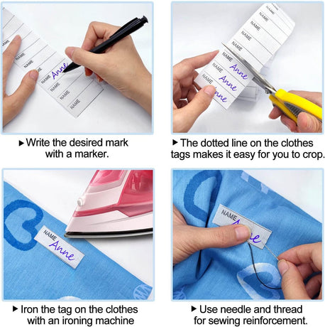 200 pcs iron-on name labels with pen - washable labels - woven labels for clothing, school uniforms, bags, towels, hats, gloves, scarves