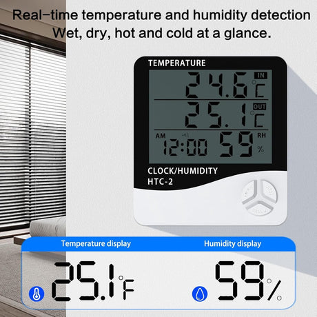 HTC-2 Indoor/Outdoor Temperature/Hygrometer - Digital Temperature and Humidity Sensor for Home - Portable with Time Display - Suitable for Temperature and Humidity Monitoring