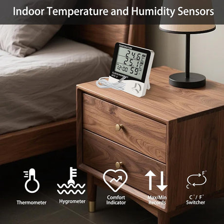 HTC-2 Indoor/Outdoor Temperature/Hygrometer - Digital Temperature and Humidity Sensor for Home - Portable with Time Display - Suitable for Temperature and Humidity Monitoring