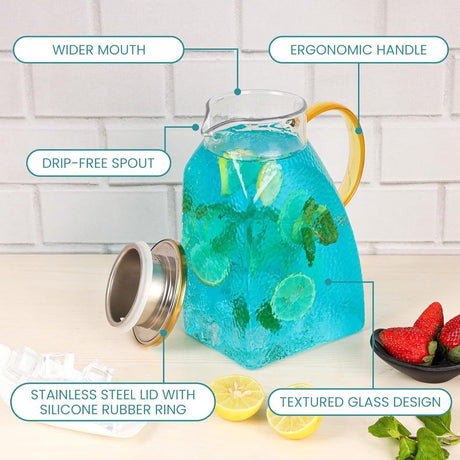Water Juice - Fridge Door Juice - 1.8L Glass Juice - with Stainless Steel Lid - Juice Juice - For Hot and Cold Drinks - For Homemade Drinks - Juice - Ice - Tea - Coffee - Milk - Wine and Beverages