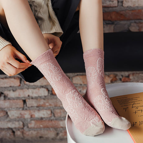 Women's slipper socks (4 pairs) - House socks - Pink socks - Women's autumn and winter socks, with sweet-smelling suede - Vintage print embroidered women's socks