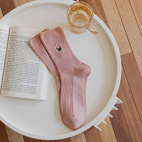 Women's slipper socks (4 pairs) - House socks - Pink socks - Women's autumn and winter socks, with sweet-smelling suede - Vintage print embroidered women's socks