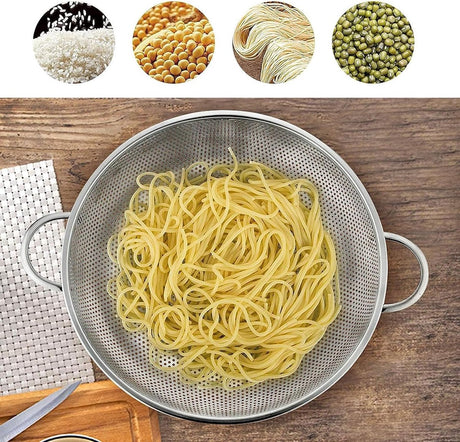 2-piece vegetable draining rack set made of stainless steel - with handles - drip tray on top - suitable for draining pasta, vegetables, fruit and rice - dishwasher safe - 2-piece set - diameters 22.5 cm and 19.5 cm