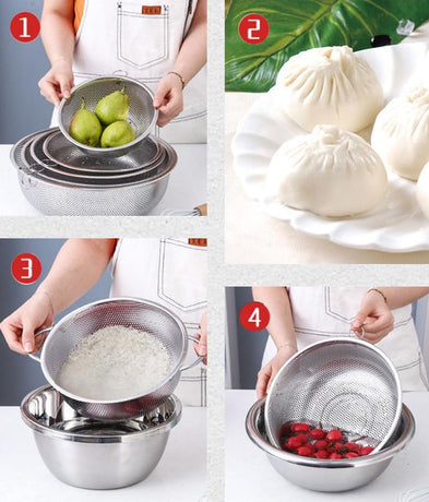 2-piece vegetable draining rack set made of stainless steel - with handles - drip tray on top - suitable for draining pasta, vegetables, fruit and rice - dishwasher safe - 2-piece set - diameters 22.5 cm and 19.5 cm