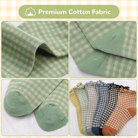Socks - 6 Pairs of Pleated Socks for Women, Striped Pleated Socks, Cute Socks for Women - Checked Socks - Ankle Socks for Women - Cotton Knitted Socks - Sizes 5-9
