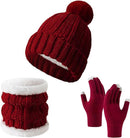 Gloves, hat and scarf - three-piece set - winter knitwear - fleece lined and thickened - warm and cold resistant - Claret