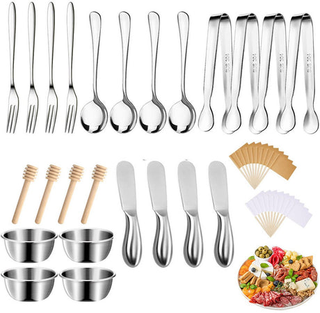 cutlery set - 44-piece set - cheese knife | pastry forks | oval coffee spoons | kitchen tongs & serving tongs | stirring spoon | stainless steel bowl | blank food labels