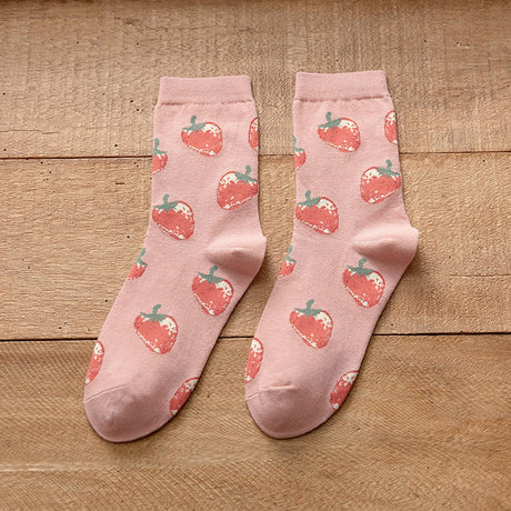 5 pairs of socks - Women's autumn and winter socks - Women's strawberry socks - Fashion socks with round neck - Princess socks - Preppy style socks