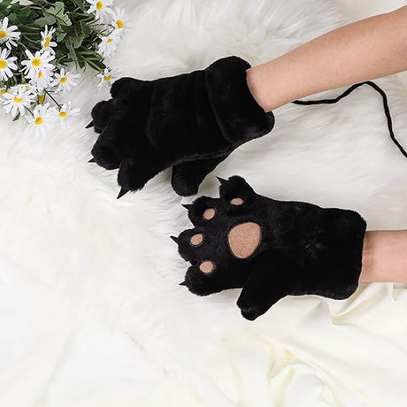 Gloves - 1 pair - Winter gloves - Cartoon gloves - Neckband - Children's gloves - Warm gloves - Plush gloves - One size（Black）