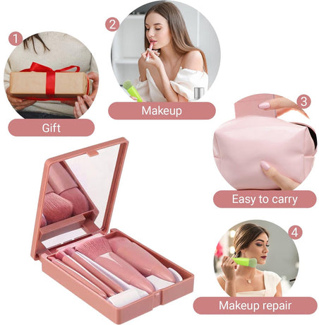Makeup Brush Set - 5-Pack - Portable - Travel Makeup Brush Set with Mirror Case - Professional Foundation Brush, Eyeshadow Brush, and Blending Brush for Women - Lotus Pink