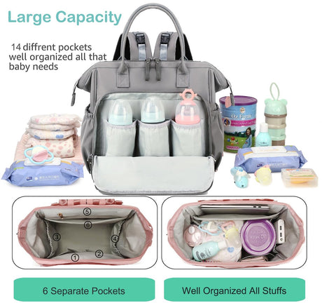 Convertible Diaper Bag - Wide Opening - 14 Pockets - Stylish - Baby Changing Bag - with Stroller Buckle - Diaper Bag - Waterproof (Gray)