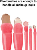 Makeup Brush Set - 5-Pack - Portable - Travel Makeup Brush Set with Mirror Case - Professional Foundation Brush, Eyeshadow Brush, and Blending Brush for Women - Pink