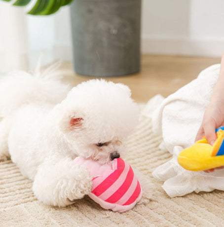 Dog Toys - Dog Cuddly Toy - Slipper Shape - Interactive - Dog Toy - Pink Stripes
