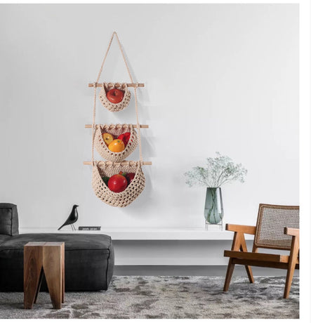 Three-Tier Hanging Fruit and Vegetable Basket - Removable Wall Rack - Hand-Woven Beige Wall Basket - Multifunctional Kitchen Storage Rack - Fruit and Vegetable Storage - Bohemian Home Decor