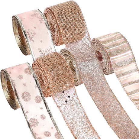 6 Rolls - Sparkling Gold Silk - Suitable for Christmas Trees, Gift Bows, DIY Crafts, Wreaths & Home Decor - 1.5