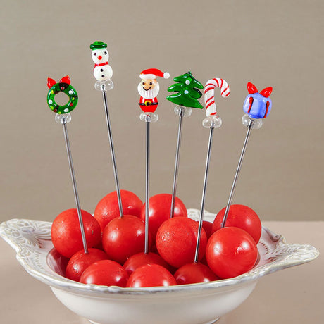 Creative Christmas Fruit Forks, Stainless Steel - Hand-Glazed Cartoon Fruit Picks with Double Prongs - Santa Claus - Christmas Tree - Fruit Fork Set (Set of 6)