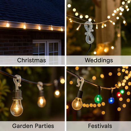 Hooks - Groove Hooks - 50 pieces - 3.5 cm - Transparent - Reusable plastic - Mini S-shaped design - Groove clips for outdoor lighting - Holds Christmas decorations securely