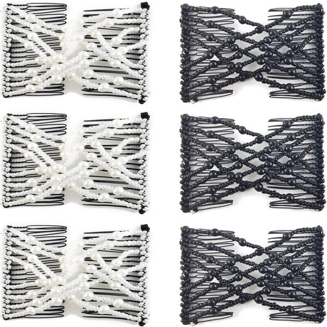 6-Pack Pearl Hair Combs - Elastic Magic Hairpins - Hair Clamps - Hair Clip - Black & White - For All Hair Types