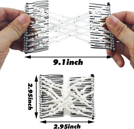 6-Pack Pearl Hair Combs - Elastic Magic Hairpins - Hair Clamps - Hair Clip - Black & White - For All Hair Types