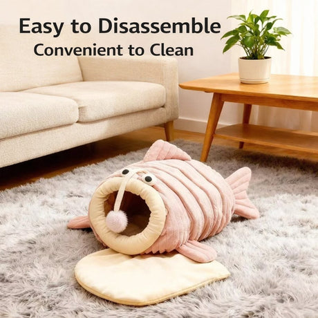 Cat Bed - Cave Cat Basket - Calming and Anxiety Relieving - Lantern Fish Shape - Pink（M：55*40*31cm）