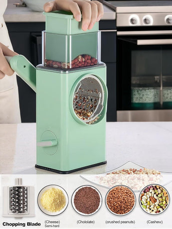 Rotating Cheese Grater with 3 Blades & Collection Tray - Multifunctional Cheese Grater - Includes Suction Cup for Stable Use - For Cheese, Vegetables & Nuts